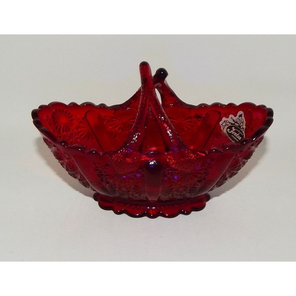 Fenton Glass Ruby Red Daisy and Button Twig Handled Oval Basket Original Sticker - Picture 10 of 11